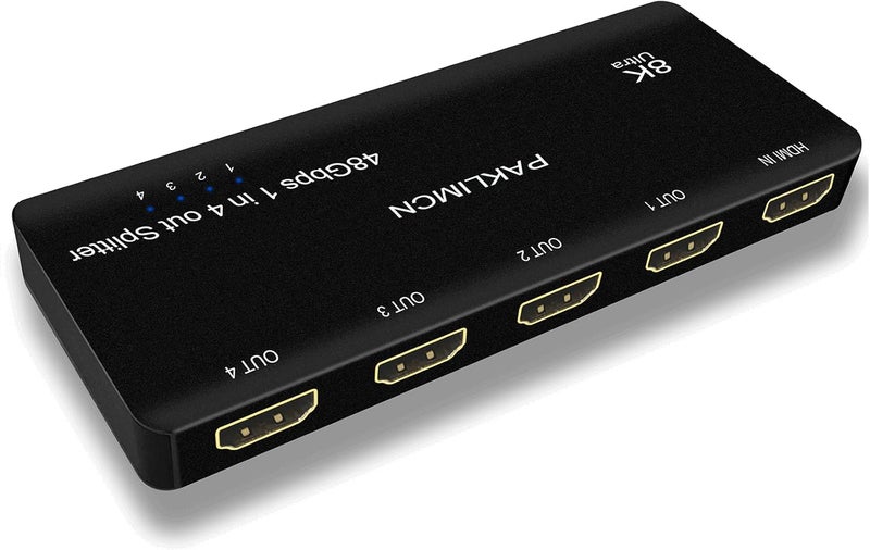 PAKLIMCN 8K HDMI Splitter 1 in 4 out 4K 120Hz, HDMI Duplicator Adapter 1 to 4 Output Simultaneously for 4 Displays, Support Full HD 1080P 3D HDCP 1.4 for PS3/4, Blu-Ray DVD Player - Not for Extend(8K1in 4 out) - Image 1